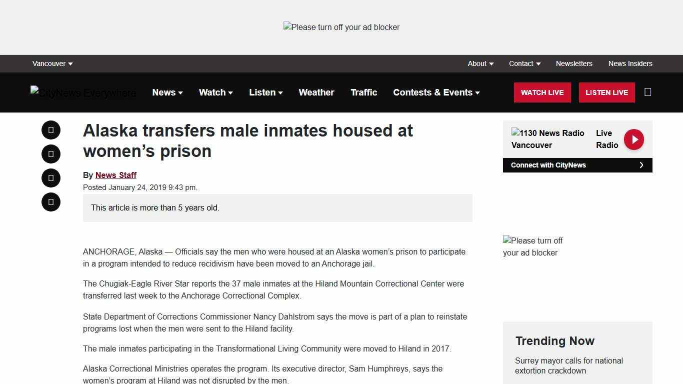 Alaska transfers male inmates housed at women's prison
